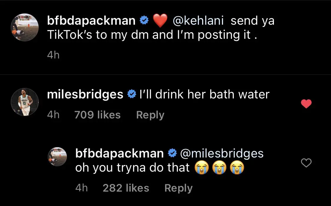 A Screenshot From Instagram Where Miles Says That He'll Drink Kehlani's Bath Water