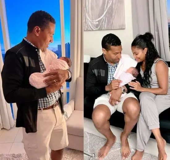 Joey Jackson holding his newly born granddaughter, accompanied by his wife in the next picture