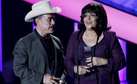 Juana Ahumadaâ€™s husband, Pedro Rivera, and his ex-wife, Rosa Saavedra, on stage receiving an award on behalf of their late daughter, Jenni Rivera 