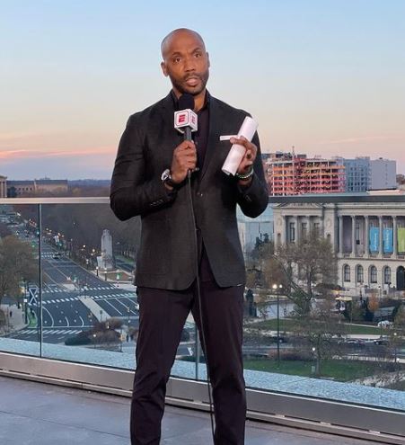 Louis Riddick hosting the ESPN show Monday Night Football outside the studio.