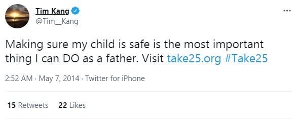 Tim Kang's talking about his responsibility as a father on his Twitter post from 2014.