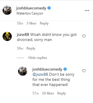 Josh Blue responding to a comment on Instagram regarding his divorce from his ex-wife, Yuko Kubota